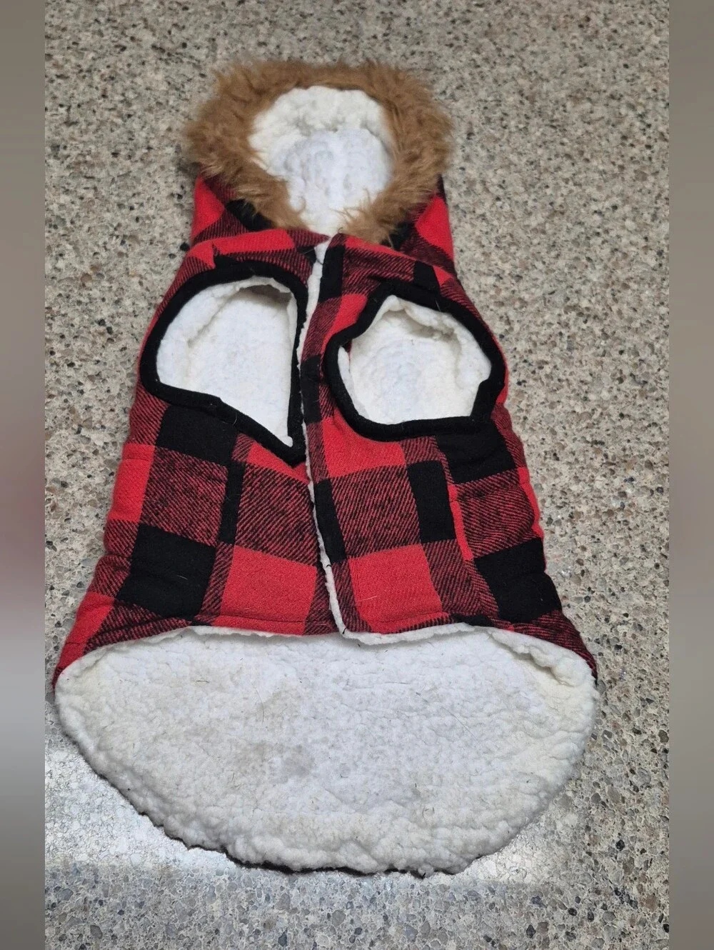 Vibrant Life Dog Coat Small Red Black Plaid Buffalo Check Fleece Faux Fur Hood